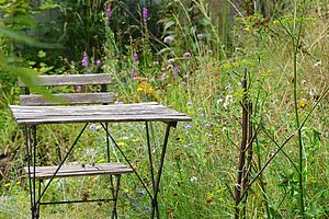 Tisch_SofiaMangili Ein Tisch mit einem Stuhl in einem Garten.